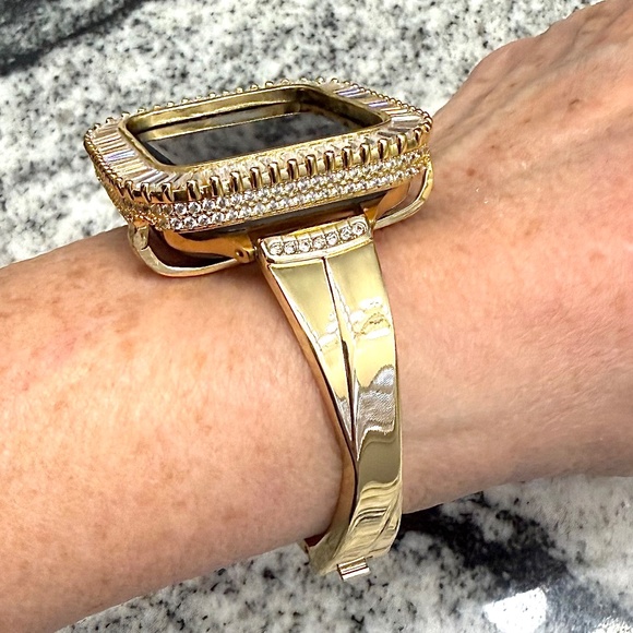 2 pc Apple Watch set yellow gold lab diamond case and crystal band classy bling - Picture 6 of 11